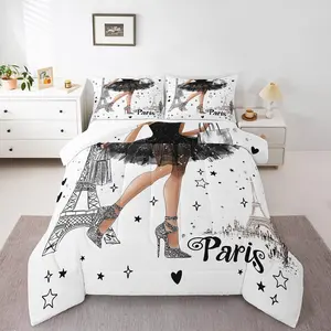 Paris Comforter Set,Fashion Ballerina Girl Bedding Set for Kids Girls Princess Room Decor,Eiffel Tower Down Comforter,Lightweight Duvet Insert