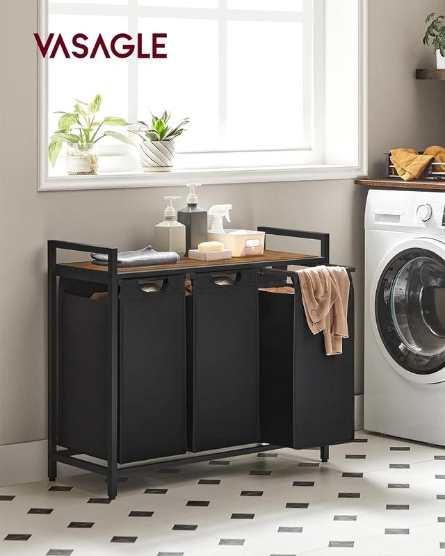 VASAGLE UBLH301B01V1 Laundry Hamper with 3 Removable Bags Metal Frame and Shelf 40L Capacity Ink Black Rustic Brown Dimensions 36.4 x 13 x 28.4 Inches Ideal for Laundry Sorting and Organization