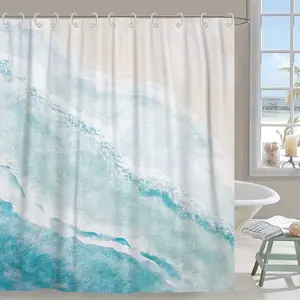 Beach Shower Curtain, Teal Blue Coastal Ocean Beach Theme Bathroom Curtain, Waterproof Fabric Machine Washable with Hooks,72x72
