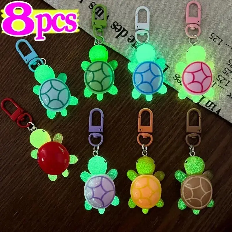 8-Pack Colorful Glow-Effect ABS Resin Turtle Keychain Accessories, Animal Keychain Decor for Sea Animal and Shell Motif Hanging Decor