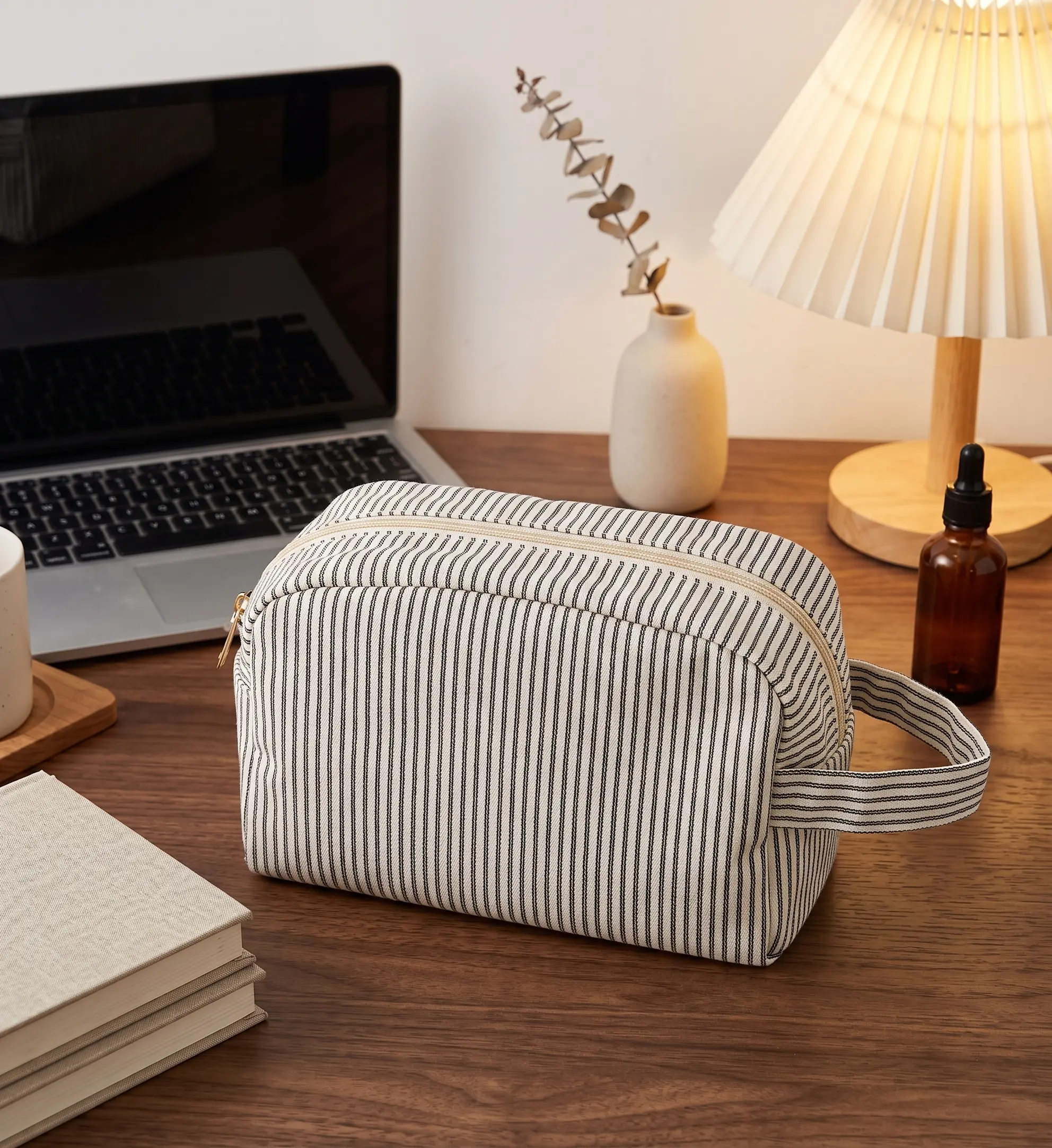 Minimalist Striped Makeup Bag Canvas Cosmetic Pouch with Side Handle Portable Travel Toiletry Organizer Roomy Skincare Storage Bag for Women Daily Essentials Neutral Aesthetic Desk Organization