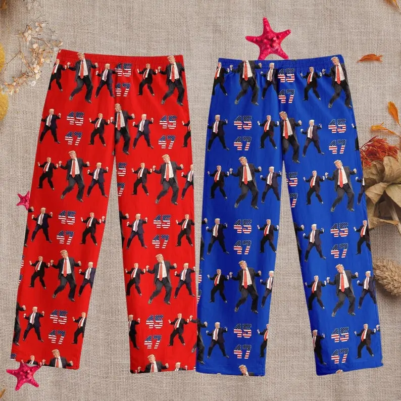 Trump 45/47 President Pajama Pants Cozy Sleepwear & Holiday Gift, Dancing Trump Unisex Pajamas for Supporters