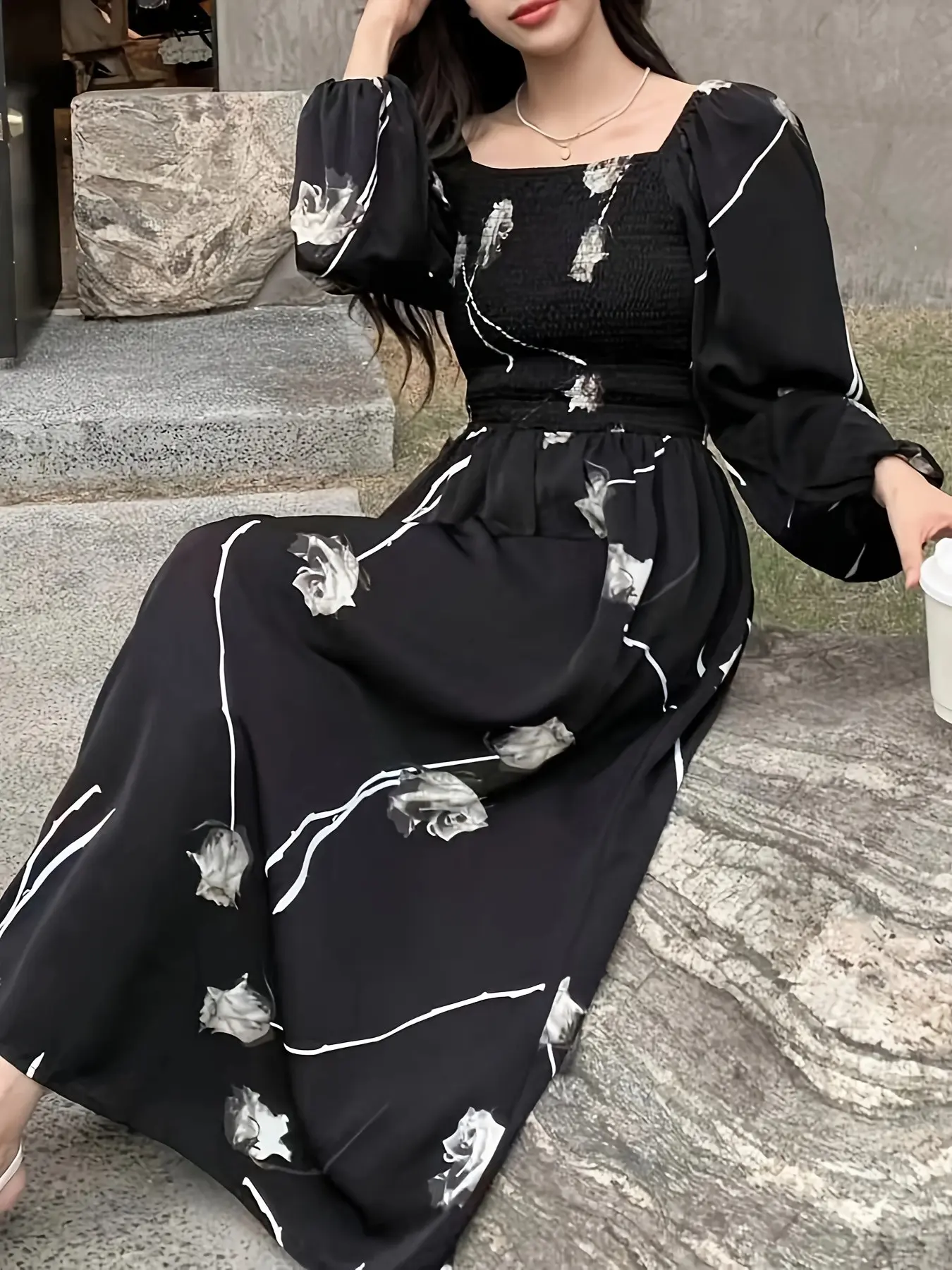 French Vintage Square Neck Bubble Sleeve Ruched Floral Rose Print Long Dress, Elegant Chic Office Date Vacation Dress, Slimming Daily Wear Dress, Casual Wear, Boho Summer Dress