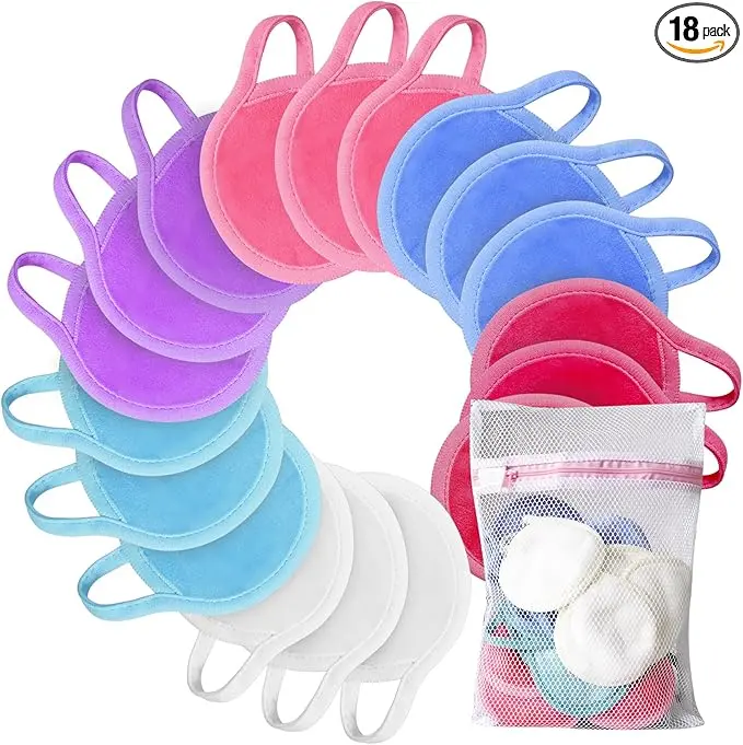 18-Pack Round Microfiber Makeup Remover Pads - Multi-Pack Round Shape, Eco-Friendly Reusable Soft for Gentle Facial Cleansing, Machine Washable, Fits Adults, All Skin Types, 3.74x3.74x1 In, Includes Laundry Bag, Beauty Enthusiasts Gift