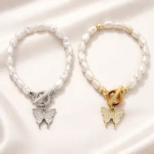 Elegant Pearl Bracelet with Butterfly Charm in Silver and Gold Finish for Women's Fashion Accessories