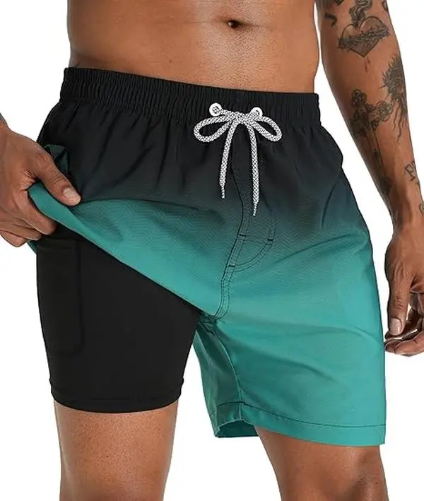 APTRO Men's 5-in Relaxed Fit Above Knee 2-in-1 Swim Trunks with Compression Liner, Gradient Design, Zipper-Velcro Pockets, Quick-Dry Breathable Polyester Fabric - Water Activities Beach Sports Activewear, Adjustable Drawstring Men's Swim Trunks