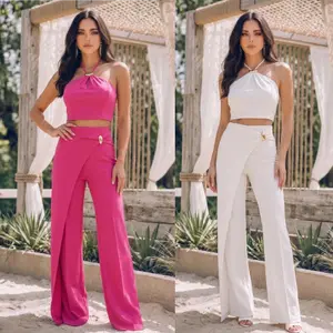 SKINNY HALTER STRAP TWO PIECE SETS - DRESSY PANTS WITH SIDE OPEN FLAP STONE PIECE - CROP HALTER TOP WITH ADJUSTABLE STRING WITH ZIPPER ON THE BACK