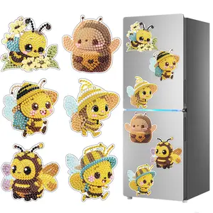 6-piece DIY diamond painting refrigerator magnet, 5D diamond art magnetic bee ornament, handmade art decorative sticker, includes tool kit, includes magnetic backing, suitable for adults.