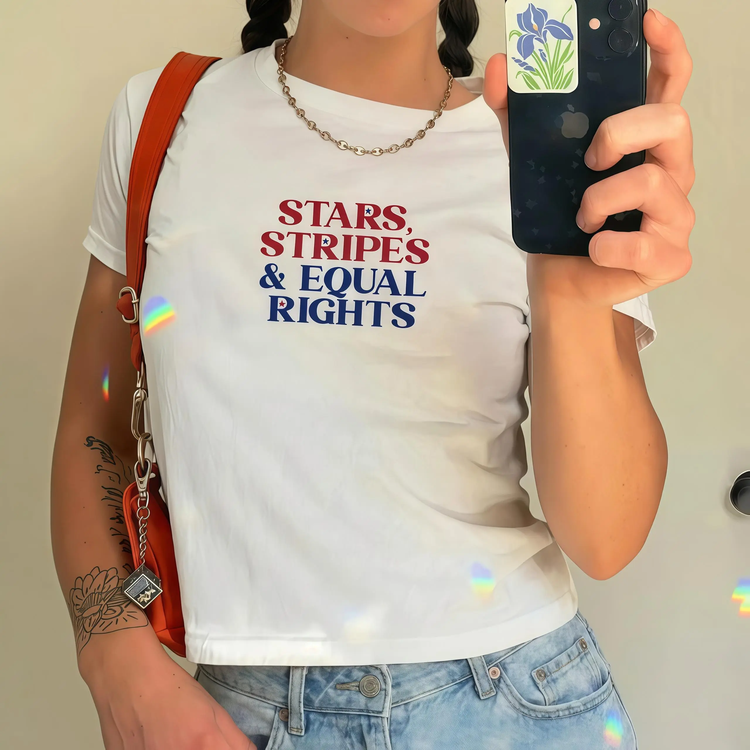 Stars Stripes And Human Rights Tee, Retro 4th Of July T-shirt, Liberal Feminist American Shirt, Patriotic Women Gift, Y2K USA tshirts Cotton Menswear Crew Neck Graphic Top Womenswear Streetwear Tshirt Summer Printed Crewneck Shortsleeve
