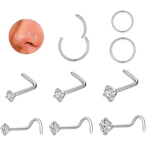 Nose Rings Hoop and Screw Nose Studs Sets for Women Men, 316L Surgical Stainless Steel Double/Triple Hinged Hoop Septum Clicker Rings Cartilage Earring CZ/Opal