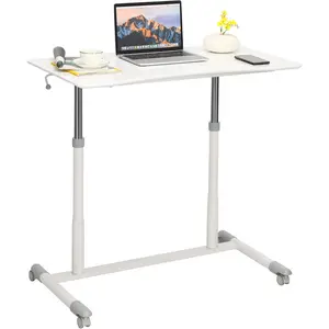 Mobile Computer Desk with Steel Frame, Small Height Adjustable Rolling Compact Stand Up Desk on Wheels, MDF PVC Tabletop, Ideal for Home Office, WhiteLaptop table bedside table can be raised and lowered  rotating desktop creative simplesmall table