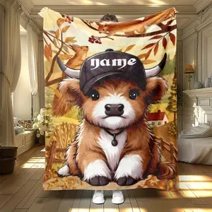 1 Piece Custom Highland Cow Flannel Blanket, Soft Polyester Fiber Bed Sheet, Suitable for Bed, Sofa, Office - Thick Knitted Country Style, Suitable for All Seasons - Multifunctional, Suitable for Camping and Home Decoration - Machine Washable - Cartoon P