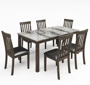 [Memorialday]VanAcc 7-Piece Dining Table Set, 71" Faux Marble Kitchen Table with 6 Chairs for 6 People, Solid Elm Wood Table Chairs Set with Curved Backrests & PU Cushioned Seats, for Living Room, Dining Room