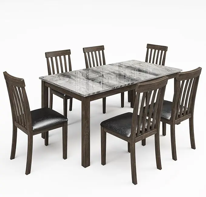 VanAcc 7-Piece Dining Table Set, 71" Faux Marble Kitchen Table with 6 Chairs for 6 People, Solid Elm Wood Table Chairs Set with Curved Backrests & PU Cushioned Seats, for Living Room, Dining Room