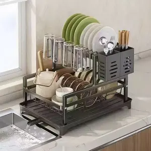 Double-Layer Automatic Drainage Dish Rack With Non-Slip Mat Kitchen Countertop Storage Rack For Plates And Bowls Drain Rack With Knife, Fork, And Cup Holder Gift For Women Mother's Day Gift