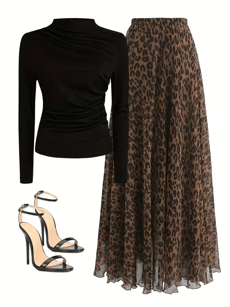 Hot-selling Western-style women's outfit: solid-color, stand-collar, long-sleeve, ruched, slim-fit top paired with a leopard-print skirt.