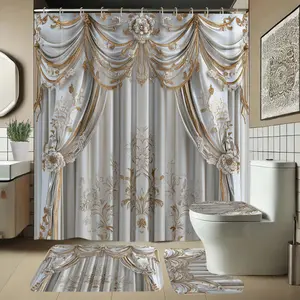 Fashion Patterned Bathroom Set, Shower Curtain Sets, Includes Soft Shower Curtain, Mat, Toilet Seat Cover, Elegant Decoration, 1/4 Piece Bath Ensemble