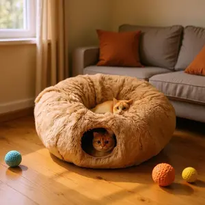 Winter Warm Pet Bed, 2 in 1 Foldable Cat Tunnel Cat Bed, Warm Plush Cat Bed with Hanging Ball & Tunnel Buckle, Pet Supplies for Indoor Outdoor Use, Fluffy Cloud Bed