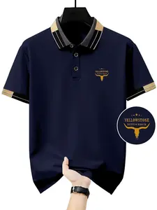 Casual Business Style Men's Yellowstone Dutton Ranch Bull Head Printed Short Sleeve Polo Shirt for Daily Commuting and Work Wear Menswear