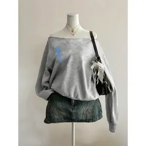 Women's Light Asymmetrical Neck Knit Sweatshirt, Blue Whale Print, Casual Vacation Style, Loose Fit Off-Shoulder Long Sleeve Top