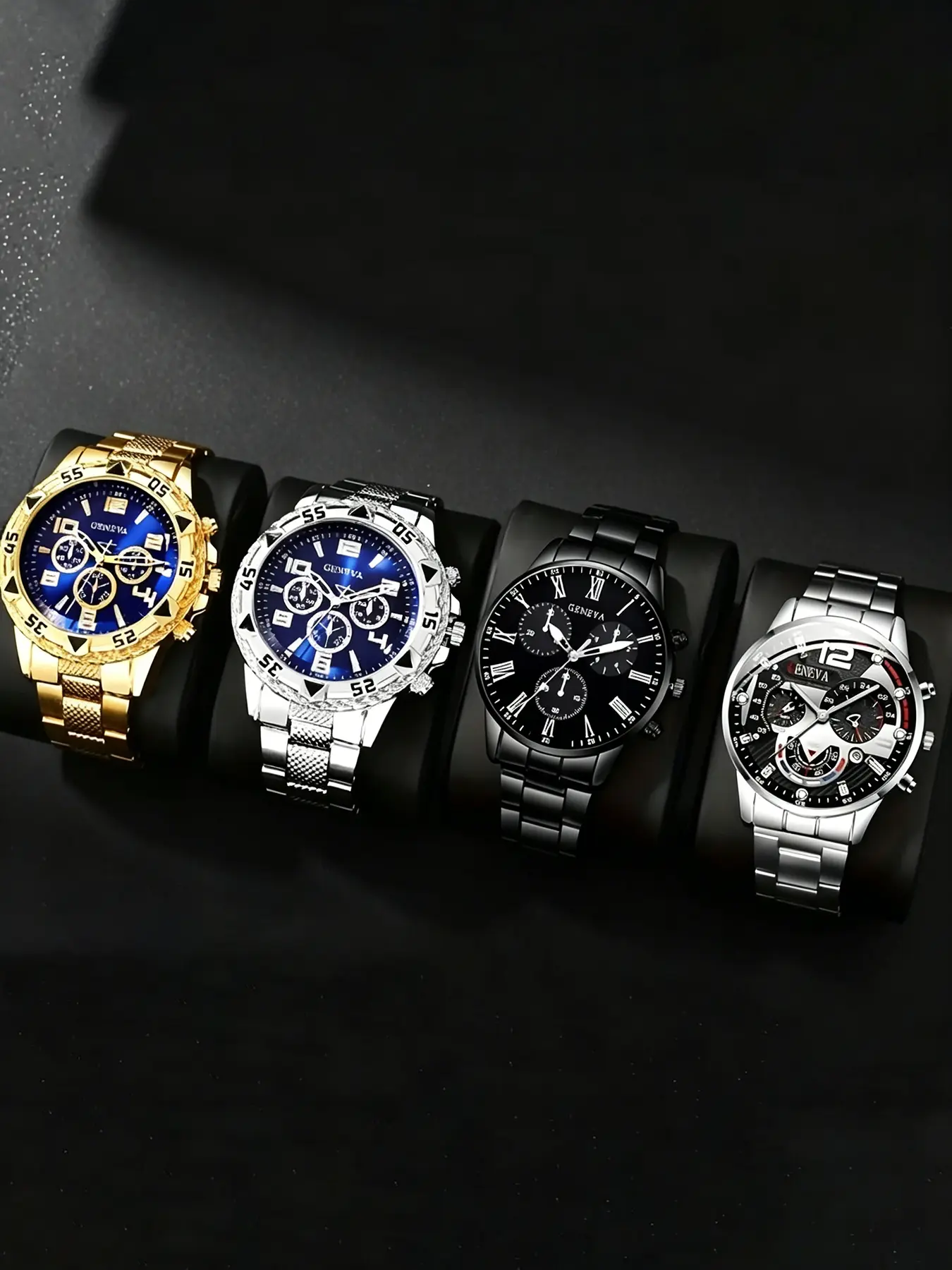Men's 4-piece Zinc Alloy Geneva Analog Quartz Watch Series - Exquisite Watch Set, Circular Dial, Zinc Alloy Case, Electronic Movement, Modern Fashionable Watches