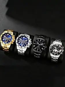 Men's 4-piece Zinc Alloy Geneva Quartz Watch Series - Exquisite Watch Set, Circular Dial, Zinc Alloy Case, Electronic Movement