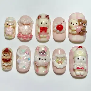 T1 Lynn Sweet Picnic Press-On Nails, 3D Bunny & Bear Charms, Cherry & Ribbon Accents, Pastel Pink Gingham, Custom Press-On Nail, Gift for Her