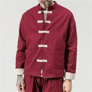 Men’s 2025 Chinese traditional retro jacket for autumn, long sleeves, Tang suit style with a Chinese-style collar and button closure, oriental cotton kung fu shirt