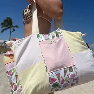 Handmade patchwork beach tote bag, terry cloth interior, perfect for beach and pool bag