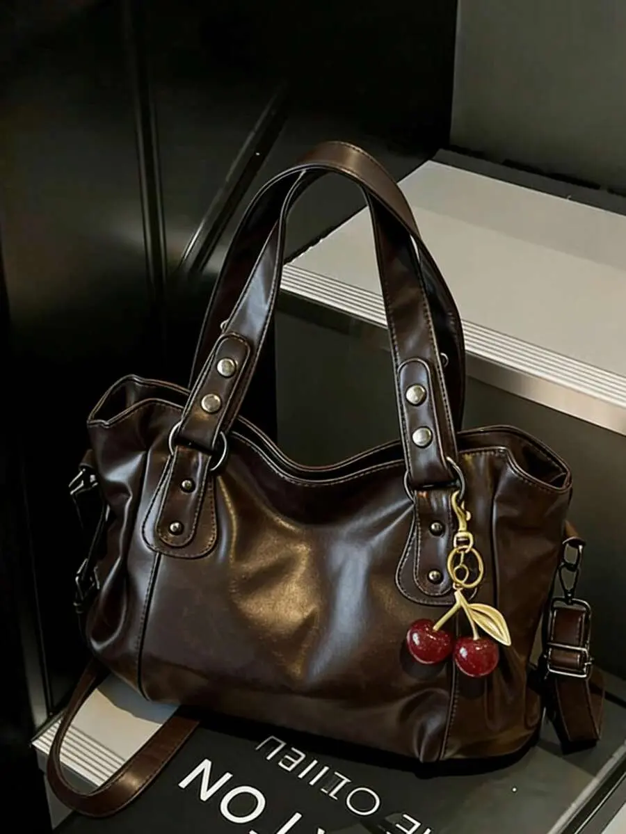 Classic Solid Color Shoulder Bag for Women, Large Capacity Vintage PU Leather Tote, Stylish Commuter Handbag for Work, Travel & Everyday Use