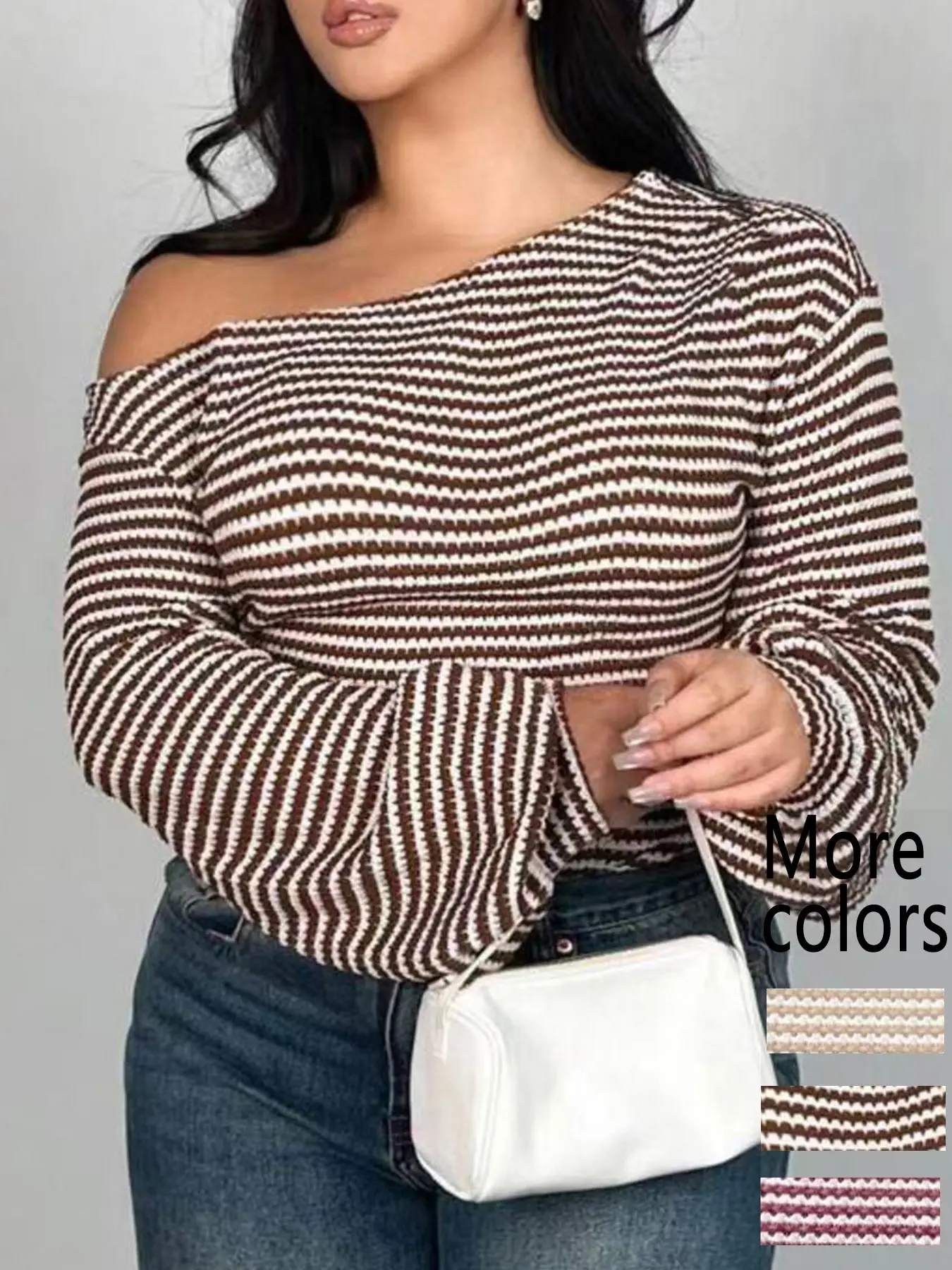Plus Size 1 Piece Women's Beige & White Striped Cold Shoulder Long Sleeve Crop Top, Knitwear, Knitted Casual Clothing, Y2K Street Style, Waffle Knit Fabric & Slim Fit, Ruffled Cuff Detail, Streetwear, Casual Outings & TikTok Trendy Looks