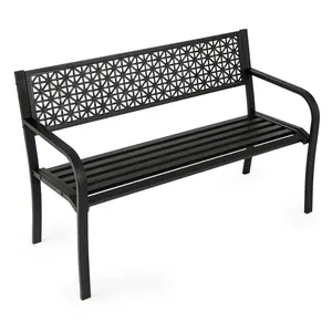 COSTWAY - 50 Inch Garden Bench with Patterned Backrest and Curved Armrests for 2-3 Person-Black