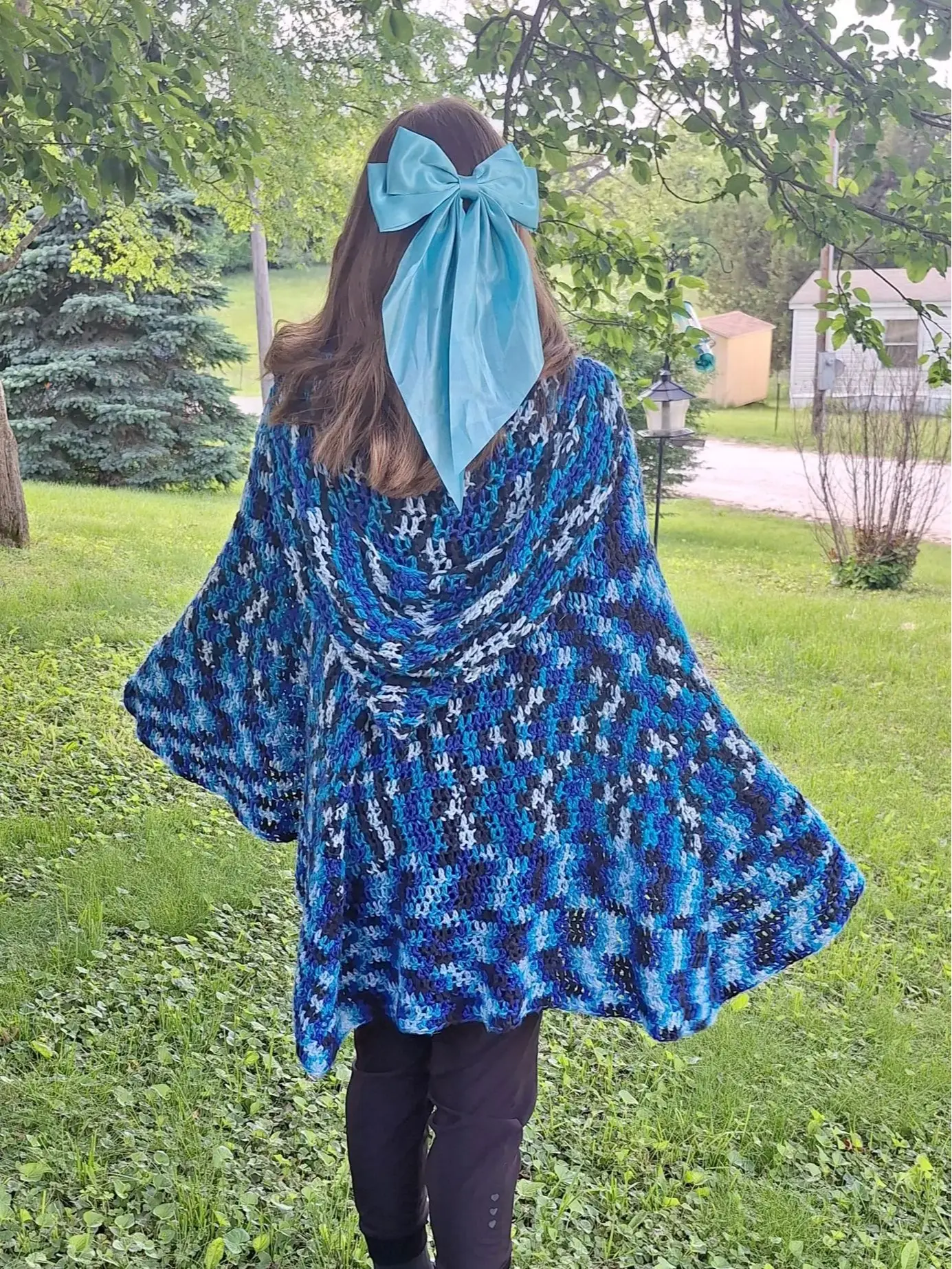 Blue Tri-Colored Crocheted Hooded Cape Shawl