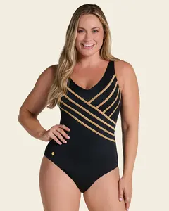 New Drops Leonisa GlowForm One-Piece Slimming Swimsuit with Elegant 3D   Gold  Stripes Bathing Suit