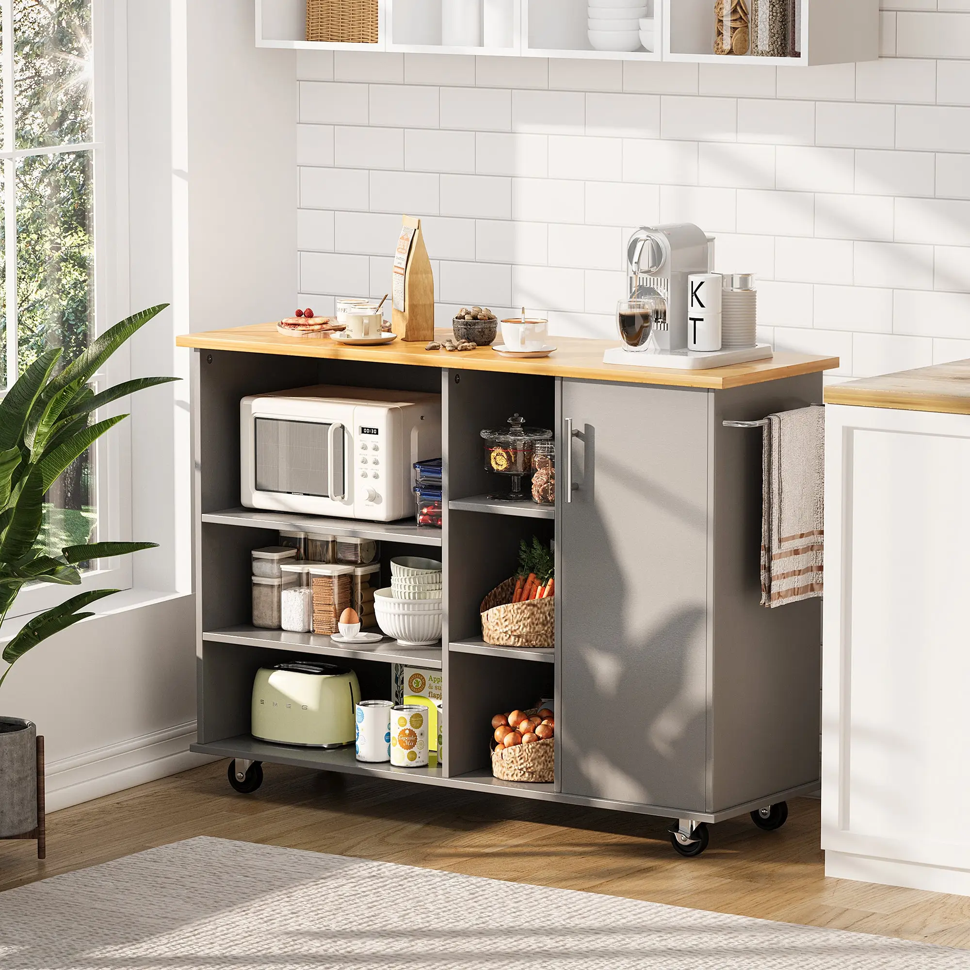 Walsunny 47.2" Rolling Kitchen Island with Single Door Cabinet, Kitchen cart with Open Shelves, Adjustable Metal Kitchen Storage Cabinet