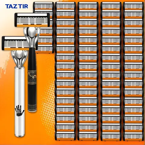 TazTir Traditional Shaving Set  Razor For Men 48 Pack + 24 Pack Six-Layer Blade 2 Handles & 72 Replaceable Blades Ergonomic Handle Design Providing Men With A Smooth Grooming Experience Perfect Gift For Christmas, Valentine's Day Etc