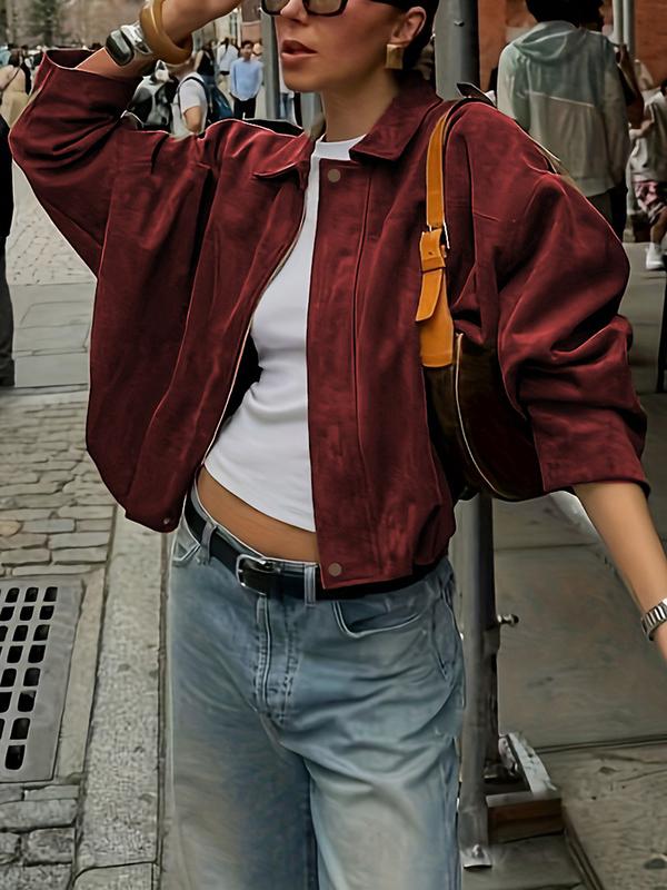 Women's Fall Winter Loose Fitted Suede Jacket, Short Batwing Sleeve Bomber Coat, Plain Leather Look Top, Zipper Neckline, Long Sleeve Vintage Style