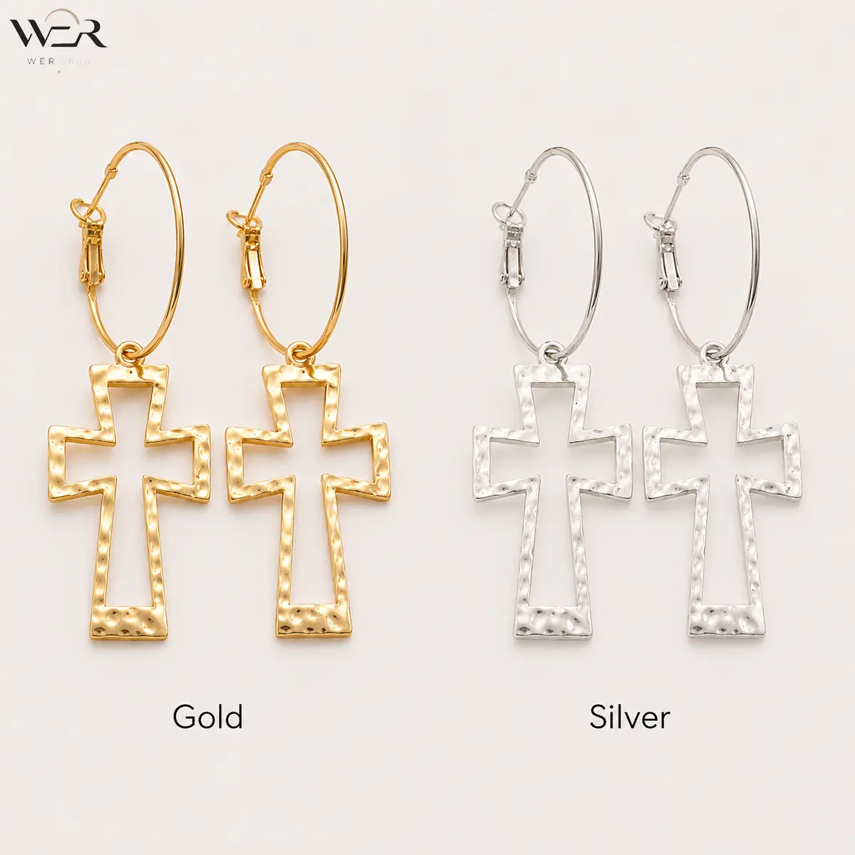 Women's Hammered Texture Cross Hoop Earrings - Gold, Silver Tone Cross-Emblem Religious Pendant Jewelry with Engraved Religious Motif, for Daily Wear, Gift Option, Cross-Emblem Earrings, Engraved Cross Religious Motif Earrings