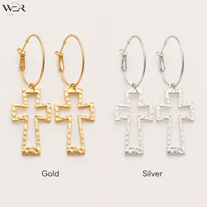 Women's Hammered Texture Cross Hoop Earrings - Gold, Silver Tone Cross-Emblem Religious Pendant Jewelry with Engraved Religious Motif, for Daily Wear, Gift Option, Cross-Emblem Earrings, Engraved Cross Religious Motif Earrings