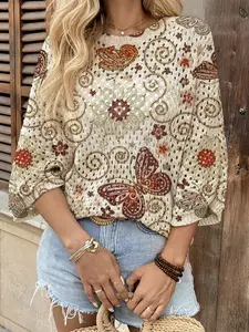 Spring Summer Women's Hollow Out Batwing Sleeve Knit Top, Colorblock Floral Butterfly Print, Casual Elegant Commuter Wear, Boho