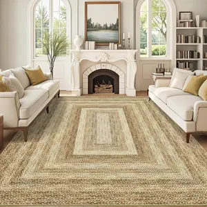10x13 Modern Border Rug Not Braid Carpet Washable Rugs for Bedroom Low Pile Carpet Stain Resistant Non Shedding Non-Slip Folding Floor Cover for Dining Room Office Nursrey Apartment,Jute