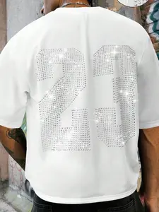 Men's youthful street style short-sleeved T-shirt, cropped fit, loose drop-shoulder crew neck, diamond-cut detailing, number pattern, simple and stylish, trendy, hip-hop street style, unisex, couple's outfit, holiday gift.
