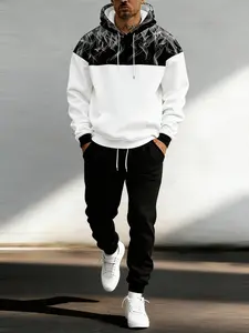 European and American men's black and white contrasting color smoke print hooded sweater set, with the top featuring a personalized smoke pattern design and the bottom being pure white, paired with black casual pants, is fashionable and eye-catching.