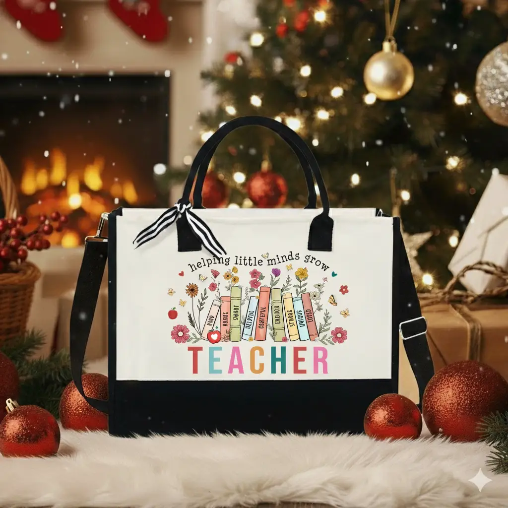 SPECIAL DEAL Teacher Tote Bag Christmas Gift Teacher Appreciation Gift Xmas Gift for Teacher Canvas Tote Bag with Zipper 13oz Teacher Bag