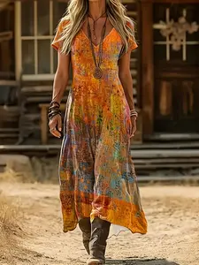 Western Wild West Long Bohemian Print Slimming Dress, Vacation Essential, Casual Wear, Western Style Maxi Dress, Women's Fashion