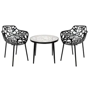 LeisureMod DT20CABL2 19 x 23 x 23 in. Devon Mid-Century Modern 3 Piece Aluminum Outdoor Patio Dining Set with Tempered Glass Top Table & 2 Stackable Flower Design Arm Chair, Black