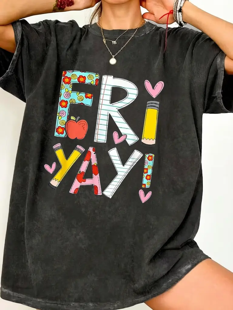 Fri-Yay! Women's Fun Friday Teacher Washed T-Shirt – Colorful Letter Print with Floral & Elements, Soft, Round Neck, Short Sleeve, Stretch Fabric, Casual Summer Top for Teachers & Event Attire,Long,Batwing,Striped,Cap,Crew,shirts,Elegant,,oversized,t,Mama