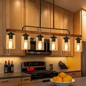 6-Light Rustic Farmhouse Chandelier Wood Pendant Light Fixture with Seeded Glass Shade for Dining Room Over Table Kitchen Island Lighting