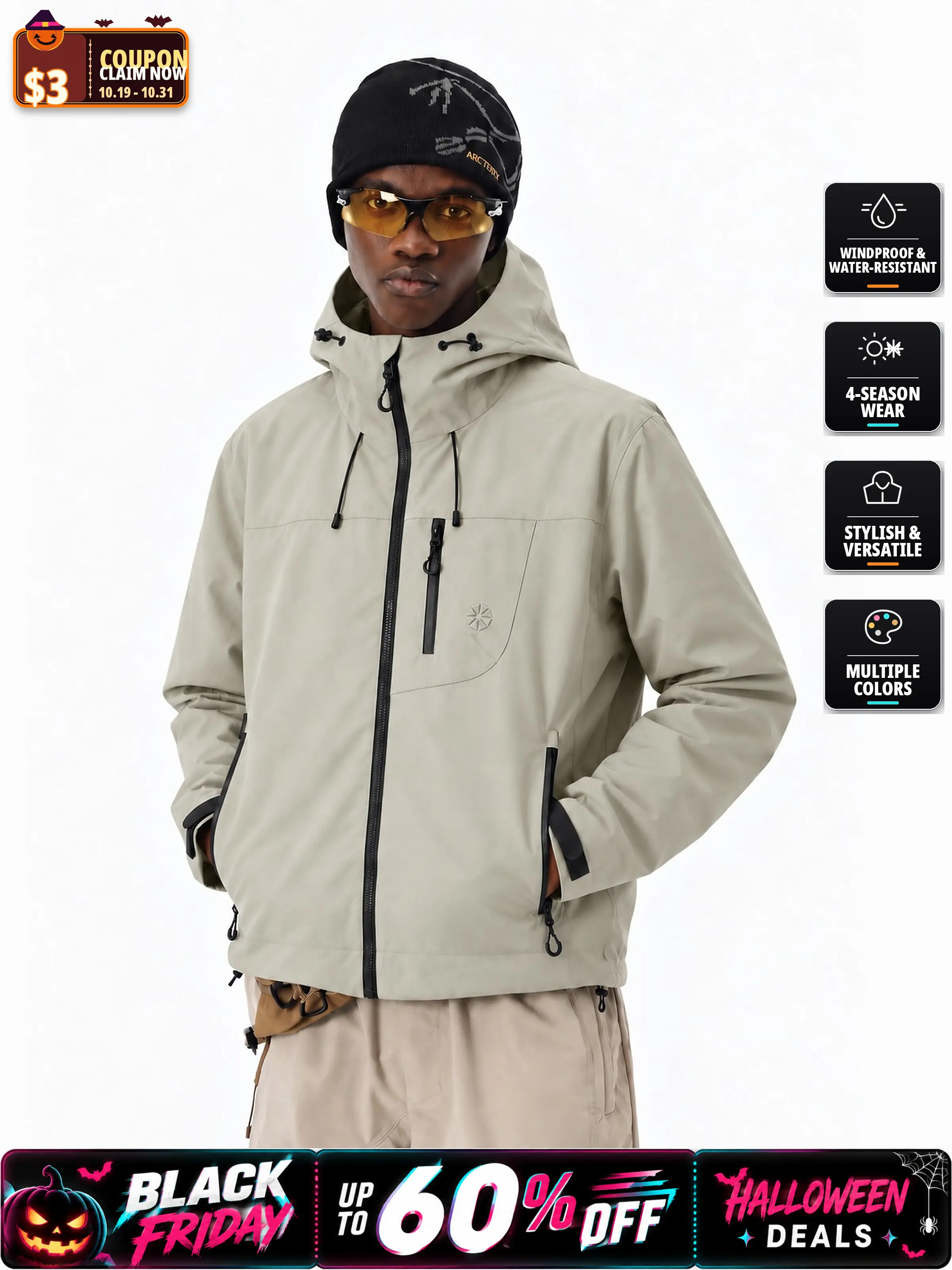 【CREATOR’S PICK】CAONAT Unisex Waterproof Hooded Jacket, Lightweight Outdoor Windbreaker with Zip Pockets, Adjustable Cuffs, Hiking & Casual Rain shell Jacket