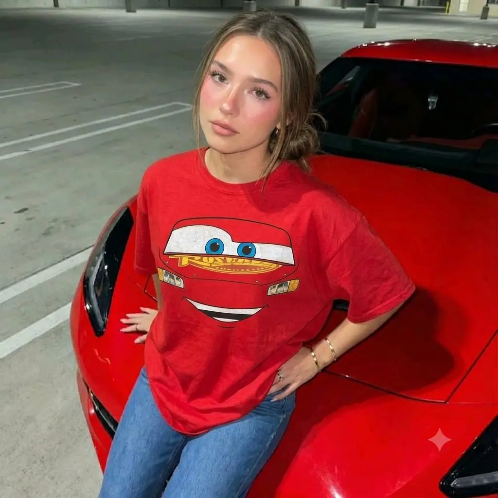 Summer Outfit Red Car Cartoon Graphic T-Shirt Trendy Y2K Aesthetic Casual Short Sleeve Tee Everyday Wear Streetwear Fashion